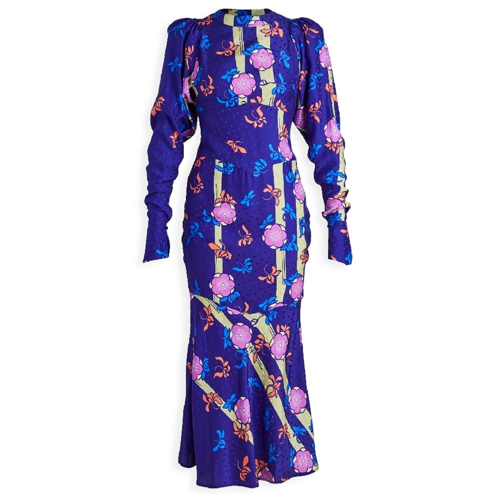 Silvia Astore Jade Dress Blue Floral Silk Midi Nwt Puff Sleeve It42 Us M